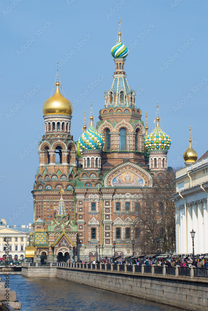 Cathedral of Resurrection (Savior on blood) closeup of a Sunny April day. Saint-Petersburg