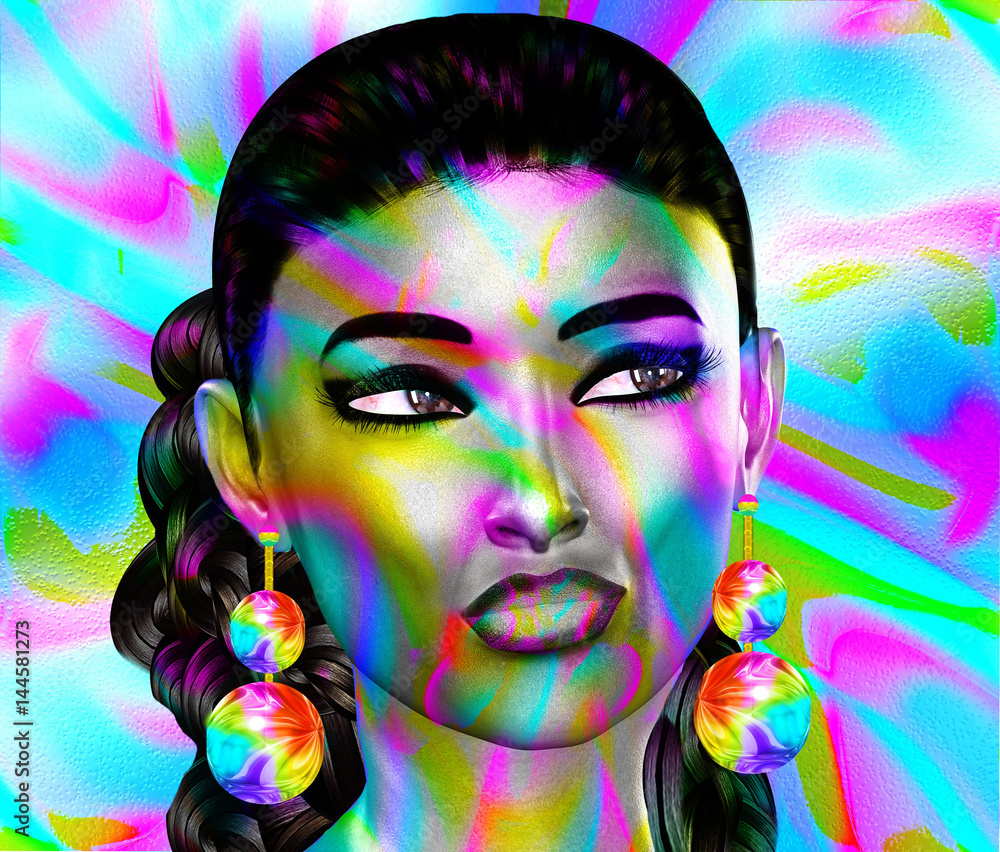 Colorful pop art image of woman's face. This is a 3d rendered digital art  image of