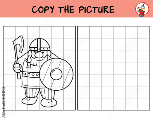 Viking. Copy the picture. Coloring book. Educational game for children. Cartoon vector illustration