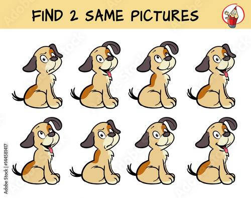 Set of puppies. Find two same pictures. Educational game for children. Cartoon vector illustration