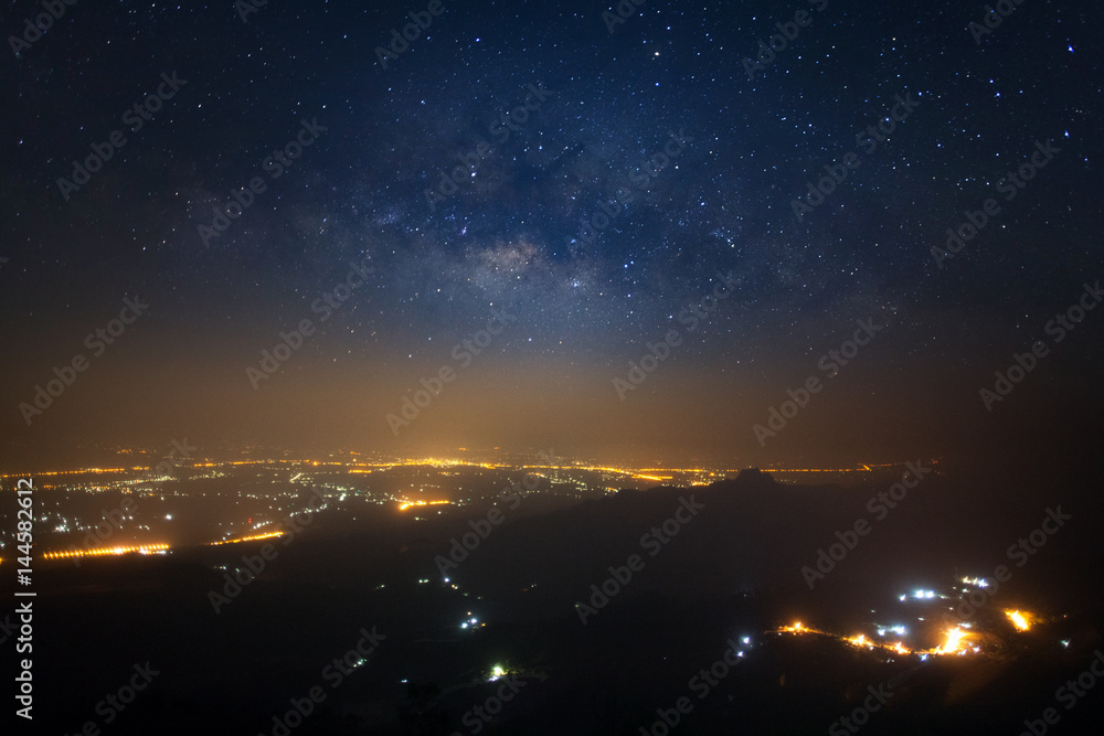 Milky way galaxy at Phutabberk Phetchabun in Thailand.Long exposure photograph.With grain