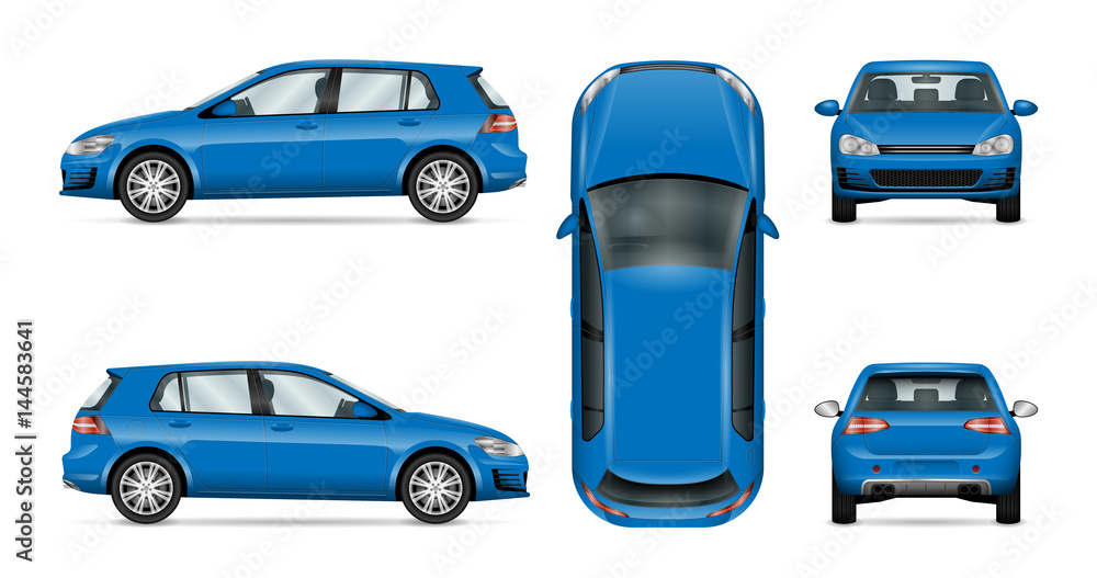 Obraz premium Szablon wektor samochodu na białym tle. Hatchback na białym tle. Wszystkie warstwy i grupy są dobrze zorganizowane dla łatwej edycji i ponownego kolorowania. Widok z boku, z przodu, z tyłu, z góry.