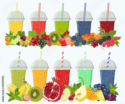 Set of mixes from fruit and berries in glasses. Vector