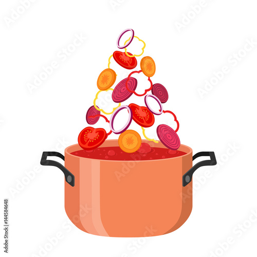Borsch pot with ingredients. Red ukranian soup - borscht - with beet