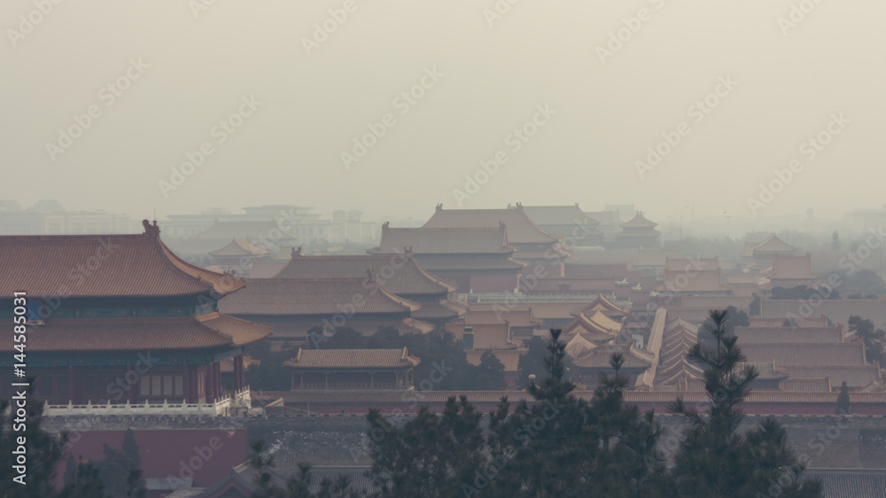 vertical shot of the Forbidden City in Beijing China, on a foggy day.