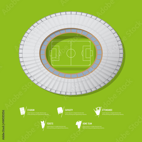 Top view of football stadium or soccer arena. Sport venue in flat design. Infographic and sport icon set. Vector.