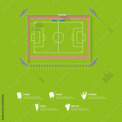Top view of football stadium or soccer arena. Sport venue in flat design. Infographic and sport icon set. Vector