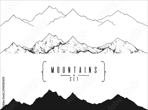 set of hand drawn landscape with moutain peaks: outline, contour and silhouette. template for your design photo