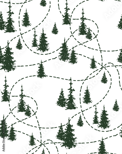seamless pattern with hand drawn trace and track in forest. camping and hunting theme