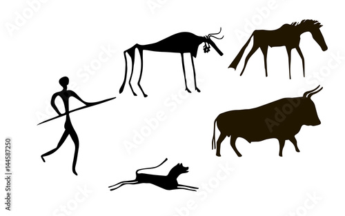 Primitive image of animals and man like images on walls of caves