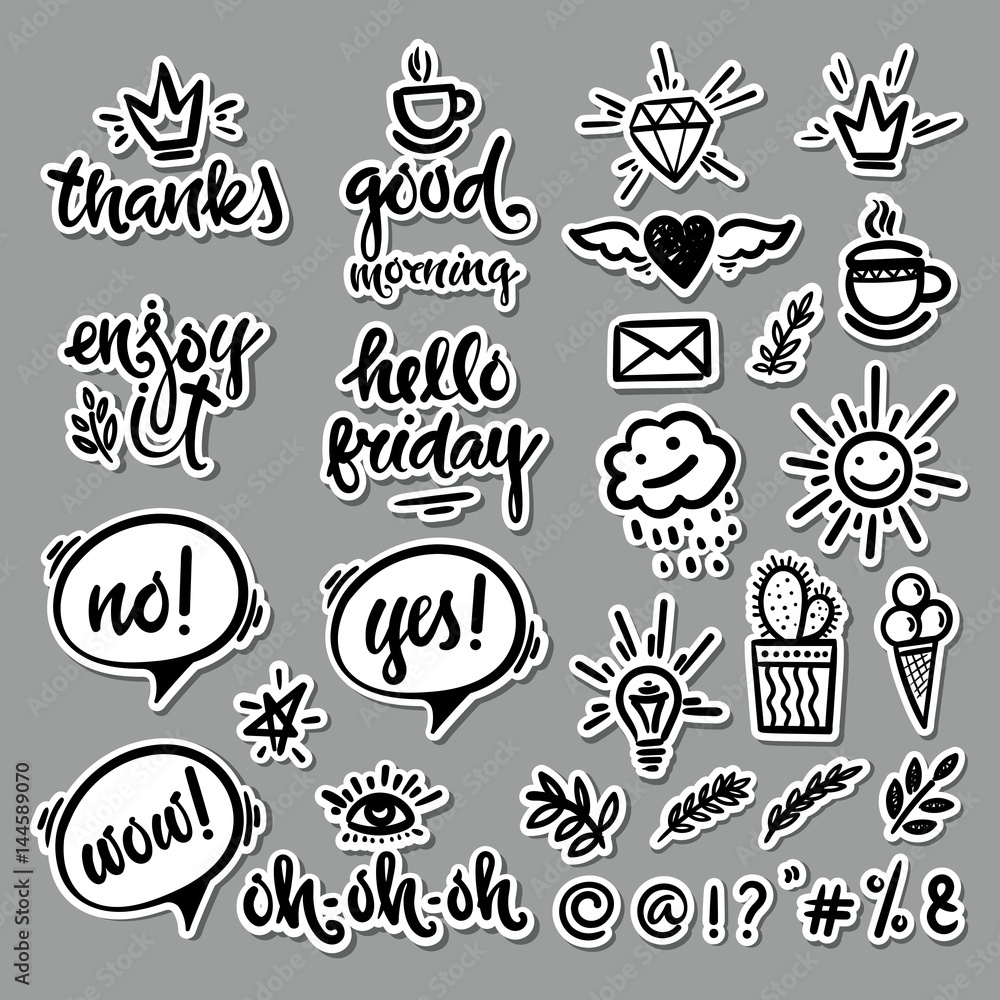 Vector hand drawn set of characters, phrases, objects. Modern calligraphy for blogging, for design postcards, poster. Vector hand drawn set of characters, phrases, objects. Modern calligraphy for blogging, for design postcards, poster.
