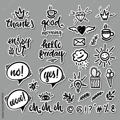 Vector hand drawn set of characters  phrases  objects. Modern calligraphy for blogging  for design postcards  poster.