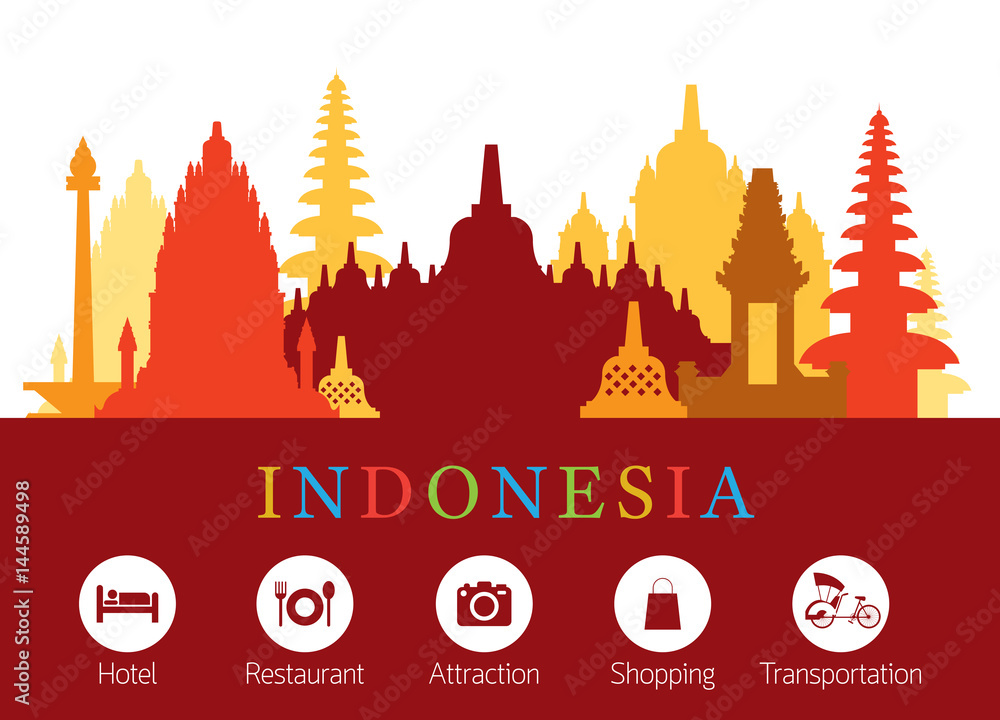 Fototapeta premium Indonesia Landmarks Skyline with Accomodation Icons, Cityscape, Travel and Tourist Attraction