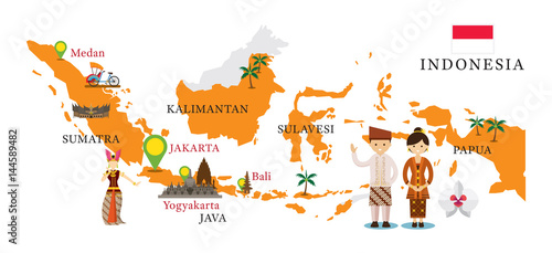 Obraz na plátně Indonesia Map and Landmarks with People in Traditional Clothing, Culture, Travel