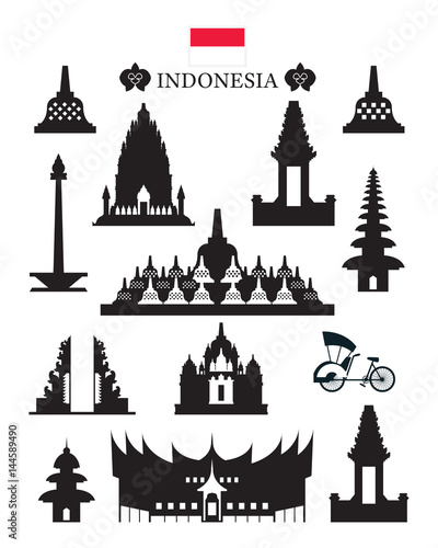 Indonesia Landmarks Architecture Building Object Set, Design Elements, Black and White, Silhouette