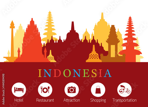 Indonesia Landmarks Skyline with Accomodation Icons, Cityscape, Travel and Tourist Attraction