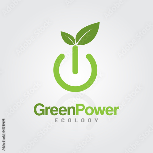 Green Energy Power button with leaves for ecology, eco friendly, natural business or product.