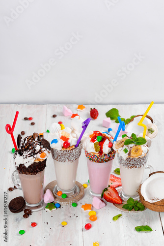 Four milkshakes closeup shot