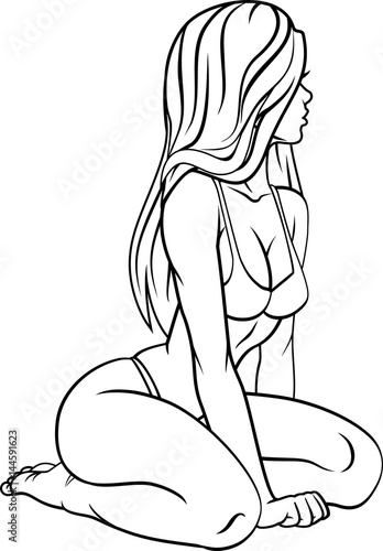 Beautiful girl in bikini black and white drawing.