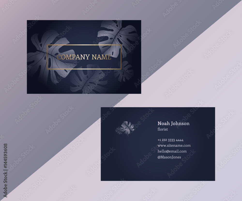 Template of double sided business card in trendy colors. Graphite gray and gold. Monstera leaves. The cover and reverse side. Strict style. Suitable for use for example floral company. Template of double sided business card in trendy colors. Graphite gray and gold. Monstera leaves. The cover and reverse side. Strict style. Suitable for use for example floral company.
