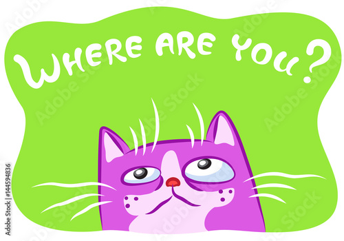 Lonely pink cat. Vector illustration. Funny cheerful pet. Cartoon kitten character on green background.