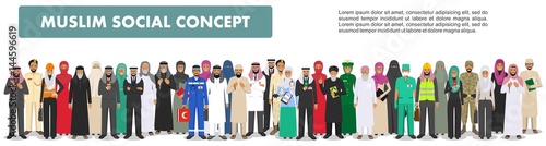 Social concept. Large group muslim arabic people professions occupation standing together in different suit and traditional clothes on white background in flat style. Arab men and women in row. Vector