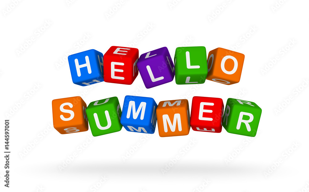 Hello Summer. Colorful Toy Block Flying on White Background. Hello Summer. Colorful Toy Block Flying on White Background.
