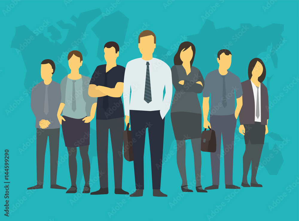 Company business group people of office clerks. With his leader, boss. Training on the stock exchange. On a blue background world map. Company business group people of office clerks. With his leader, boss. Training on the stock exchange. On a blue background world map.