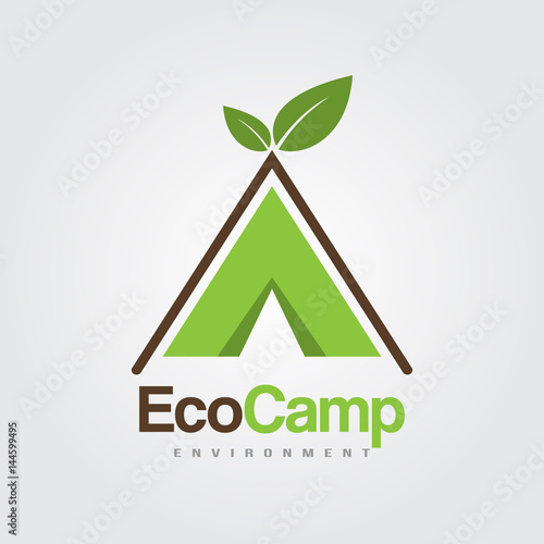 Eco Camp logos template tent with leaves for summer camp, outdoor activity, camping and outdoor adventure, emblems, silhouettes and design elements.