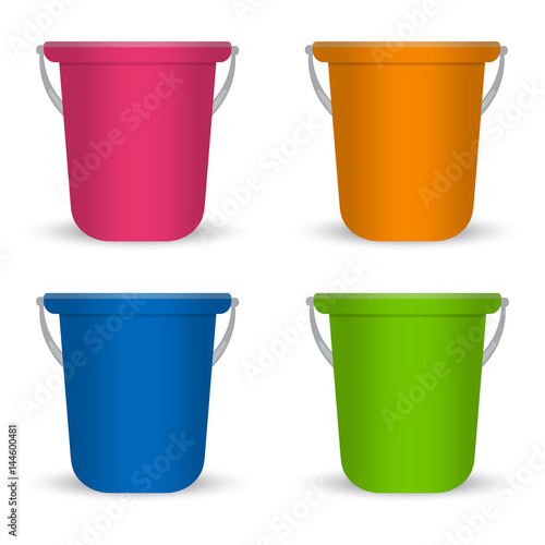 Set of multi-colored plastic buckets for water, loose materials, products. Vector illustration.