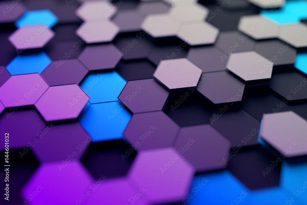 Abstract 3d rendering of futuristic surface with hexagons. Contemporary sci-fi background with bokeh effect. Poster design. Abstract 3d rendering of futuristic surface with hexagons. Contemporary sci-fi background with bokeh effect. Poster design.