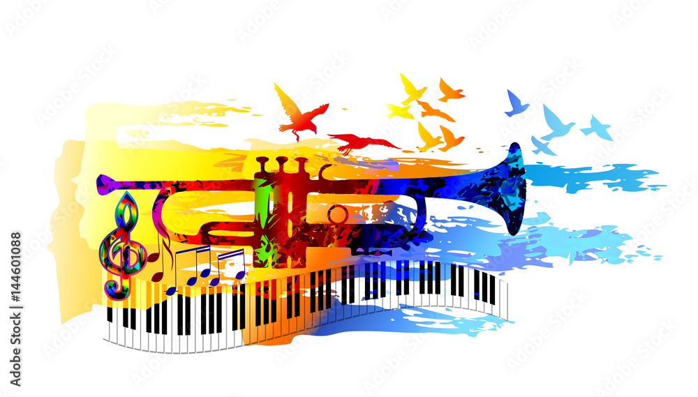 Colorful music background, banner with trumpet, piano and birds Stock  Vector | Adobe Stock