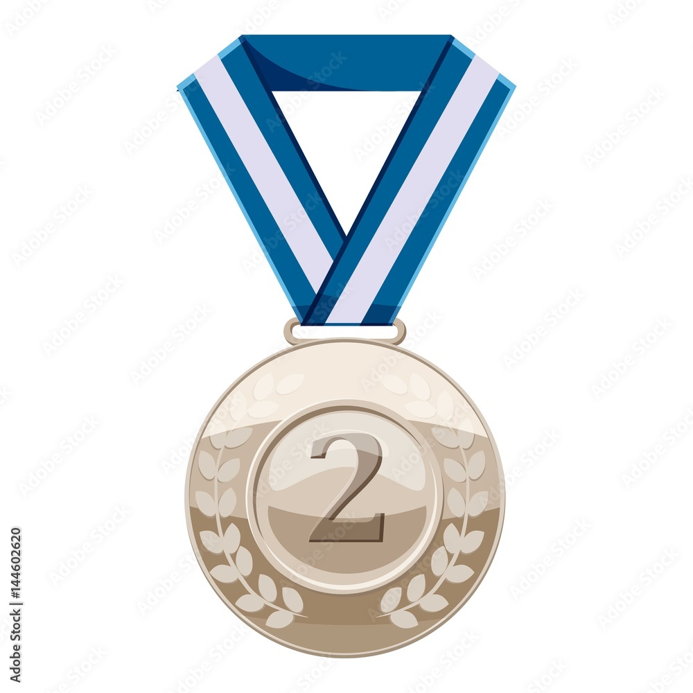 Silver medal with number two icon, cartoon style Silver medal with number two icon, cartoon style