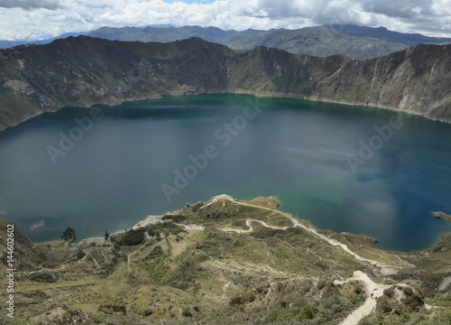 Quilatoa lake and the hiking trails leading down to the waters edge. 
