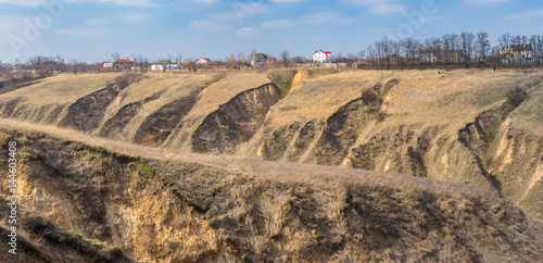 Panoramic landscape with soil erosion in outskirts of Dnepr city, Ukraine