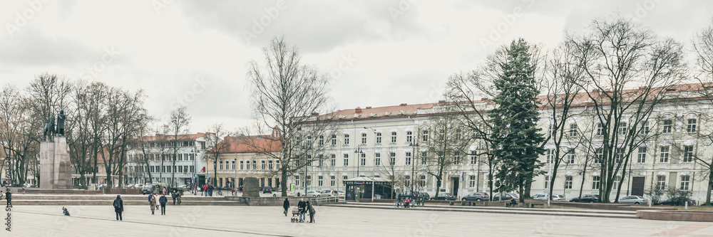 Fototapeta premium People walking on Cathedral square in Vilnius Lithuania