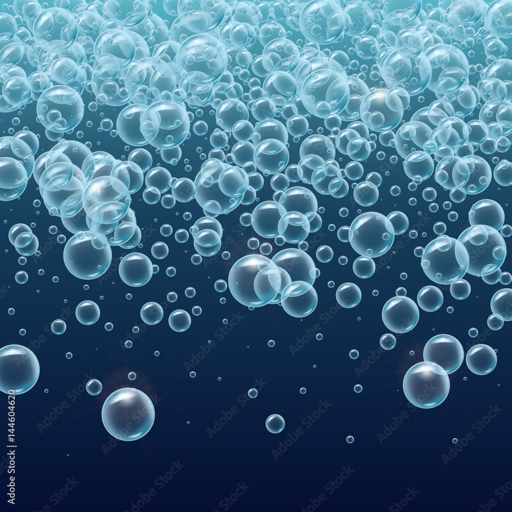 Falling rain of realistic water bubbles. Template for aqua park, swimming pool, diving club design. For greeting card, banner, flyer, party invitation. Deep sea with bubbles and sprays underwater.