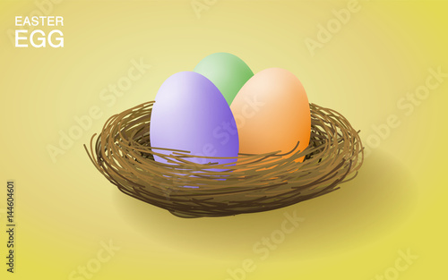Easter eggs in the nest basket, Paint with purple orange and green color, Realistic style vector illustration.