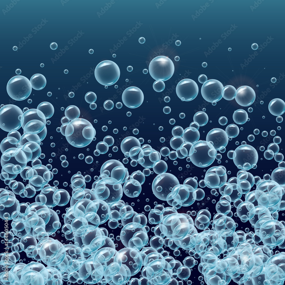 Shampoo bubbles floating underwater. Template for aqua park, swimming pool, diving club design. Good for shampoo banner, flyer, party invitation. Cleaning soap foam. Cool deep sea with bubbles.