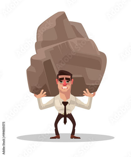 Businessman office worker character holding big stone. Vector flat cartoon illustration