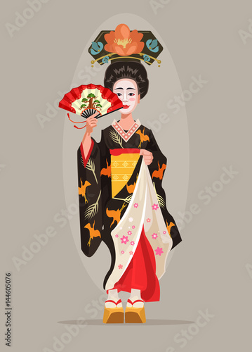 Japanese beautiful geisha character hold fan. Vector flat cartoon illustration