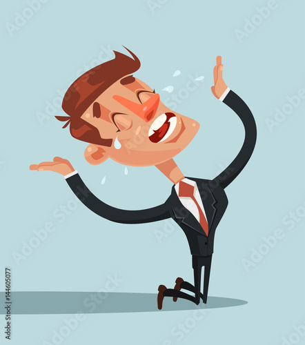 Sad unhappy screaming and crying businessman office worker manager standing on his knees and prey. Vector flat cartoon illustration