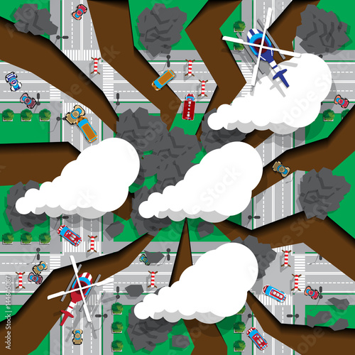 The earthquake in the city. View from above. Vector illustration.