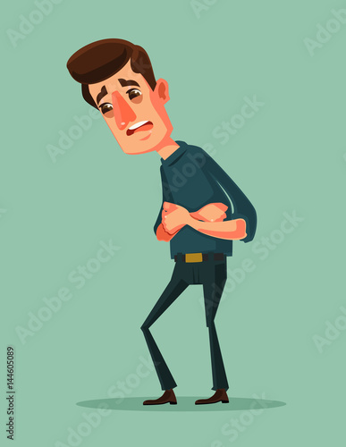 Stomach abdominal pain. Unhappy suffering man character holding his hands on abdomen. Vector flat cartoon illustration