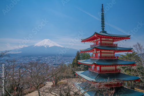 Japan beautiful landscape Mountain Fuji and Chureito red pagoda in spring season  Selective focus 