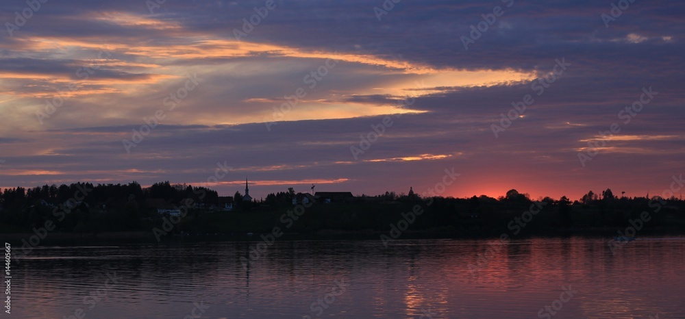 Nightfall at lake Pfaffikon. Colorful sky.
