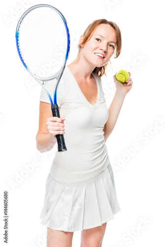 Vertical portrait of a beautiful young tennis player on a white background isolated © kosmos111