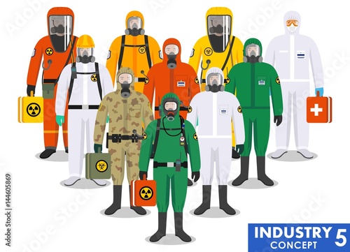 Chemical industry concept. Group different workers standing together in differences protective suits on white background in flat style. Dangerous profession. Vector illustration.