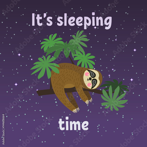 Sleeping sloth on tree branch . Cute cartoon character. Wild jungle animal collection. Baby education. Isolated. Flat design Vector illustration. photo