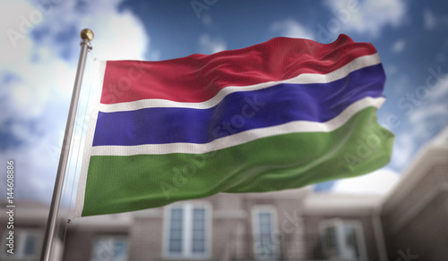 The Gambia  Flag 3D Rendering on Blue Sky Building Background